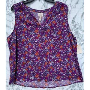 St Johns Bay Womens 2X Purple Sleeveless Floral Print Top Cotton Rayon Blend